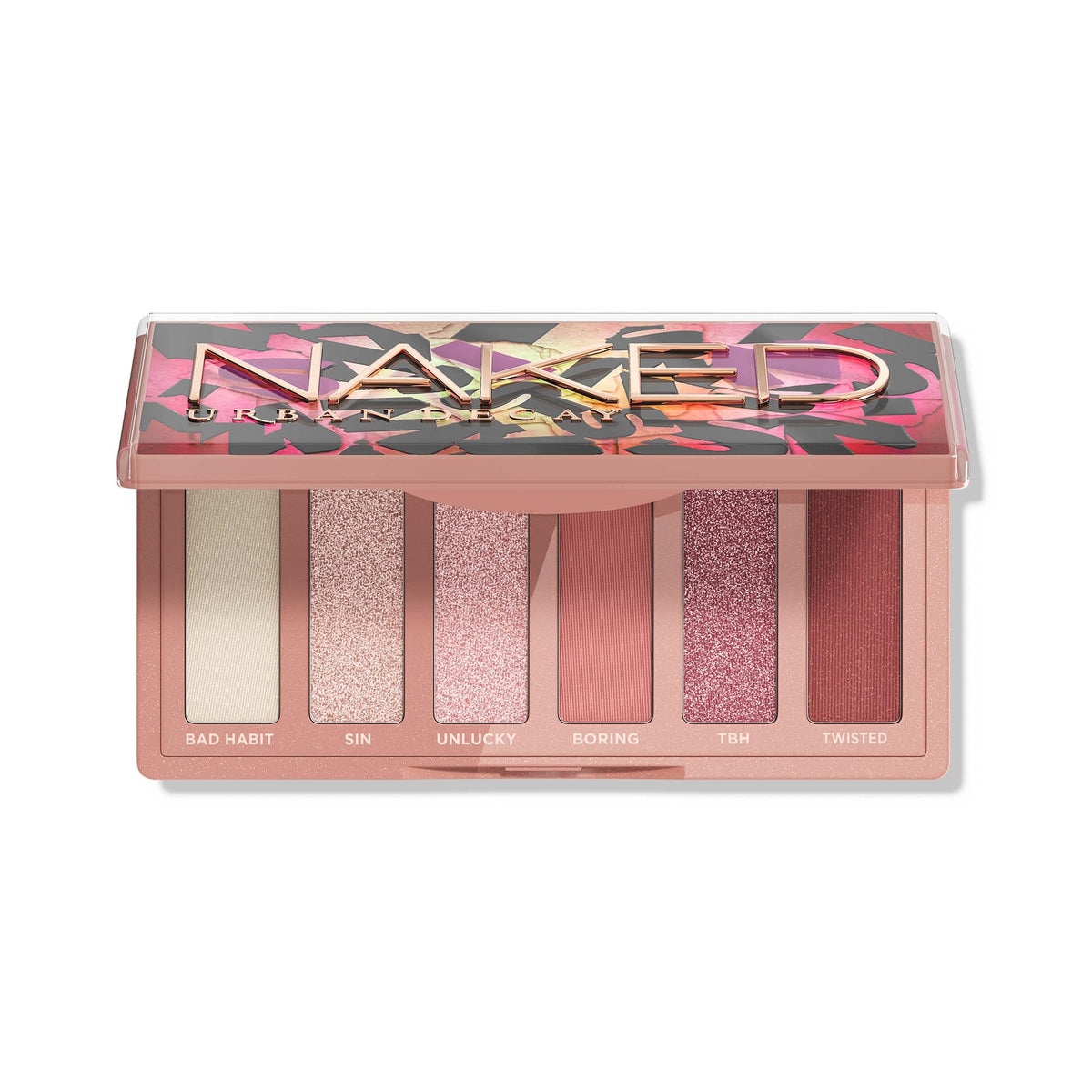 Urban Decay palette front view showing six blush-toned shades and compact benefit