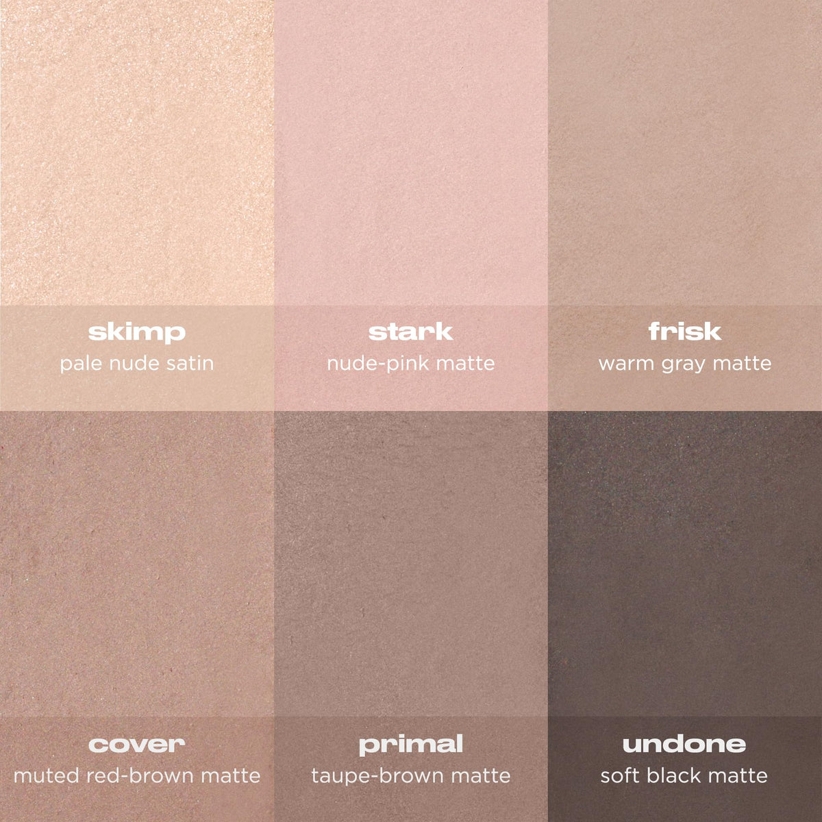 URBAN DECAY arm swatches of six colors demonstrating pigment payoff