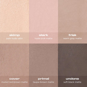 URBAN DECAY arm swatches of six colors demonstrating pigment payoff