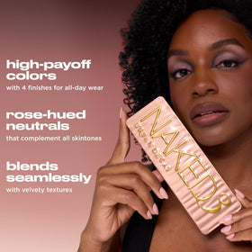 URBAN DECAY naked 3 open flatlay revealing 12 rose-toned pans for versatile looks