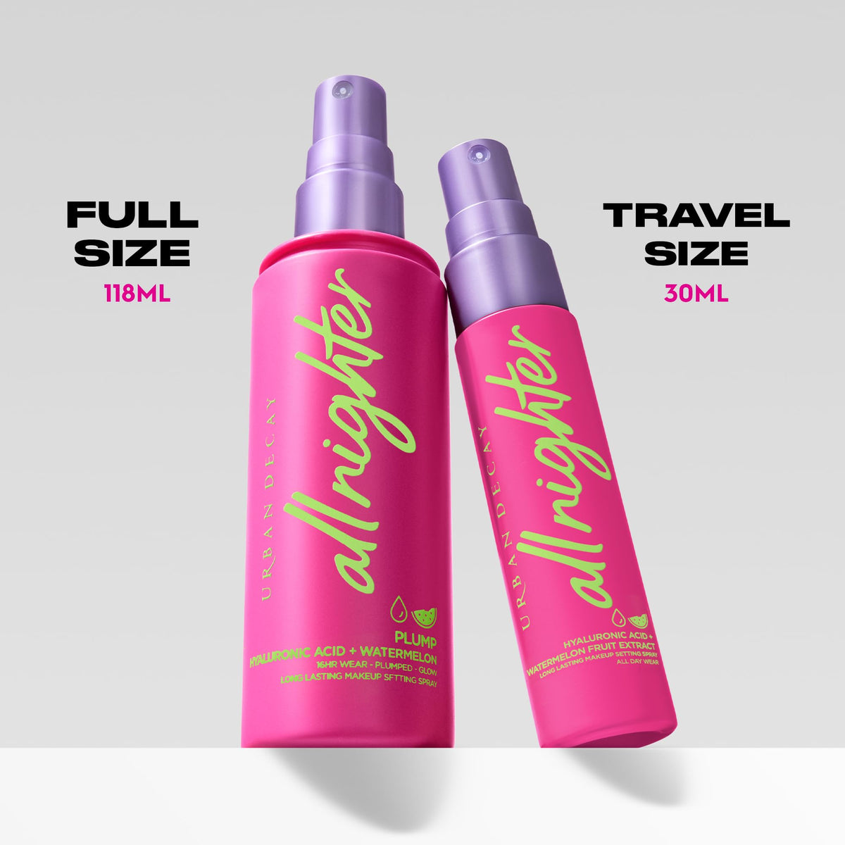 Urban Decay spray mist over face demonstrating application pattern and lasting wear