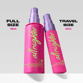 Urban Decay spray mist over face demonstrating application pattern and lasting wear