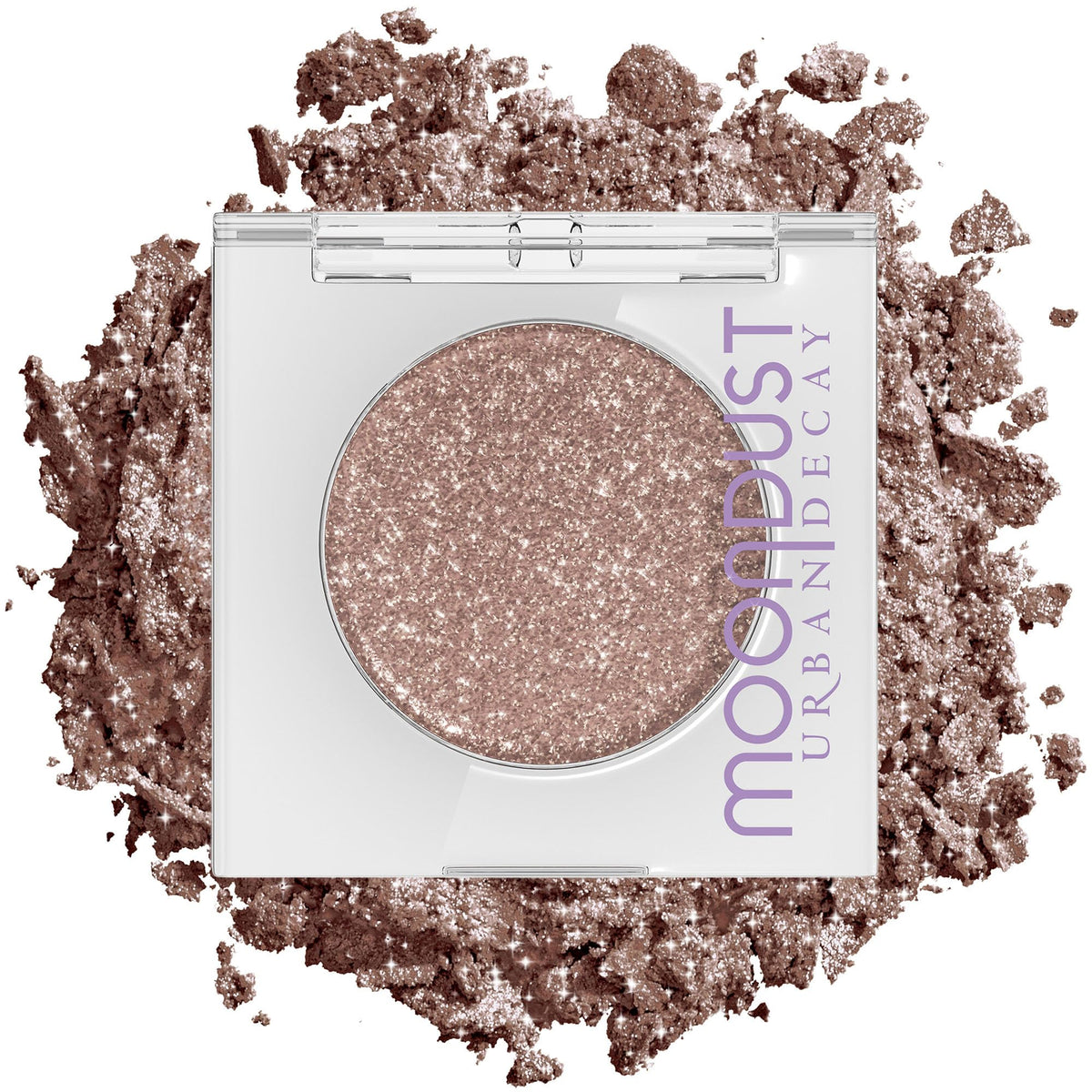Urban Decay Space Cowboy single-pan showing champagne-silver sparkle benefit: intense reflective finish