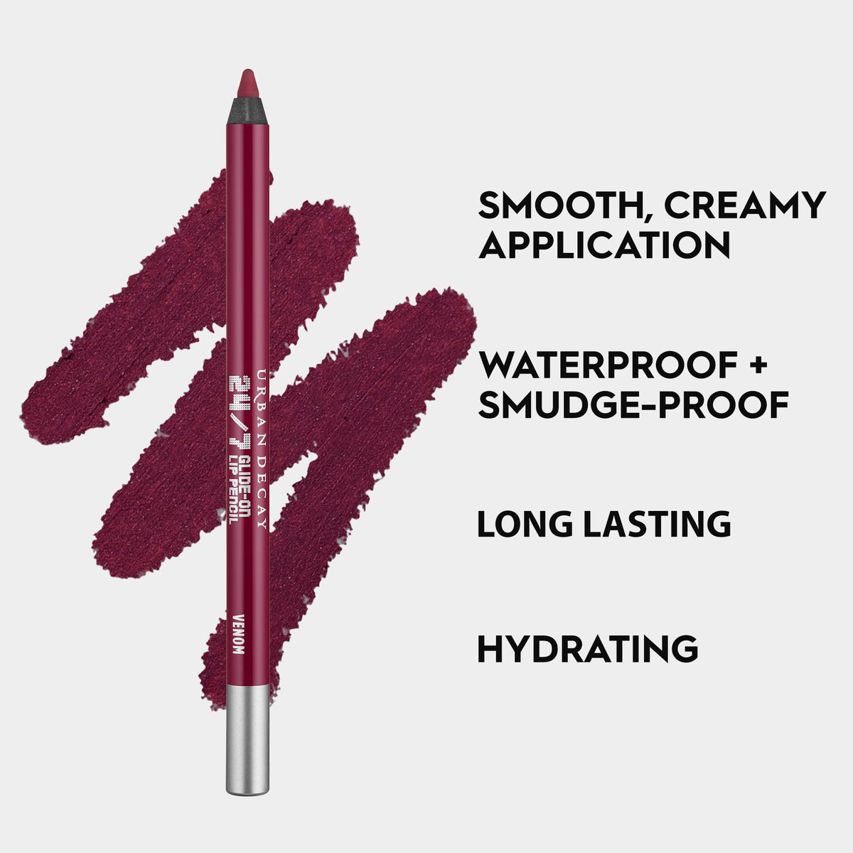 URBAN DECAY texture swatch on arm revealing rich plum color and smudge-resistant benefit