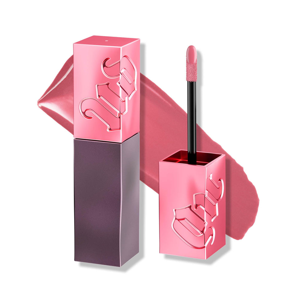 Urban Decay front packaging showing glossy bubblegum pink and product benefit longwear