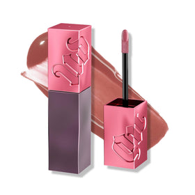 Urban Decay lip bond front view showing dusty rose bottle and glossy finish benefit