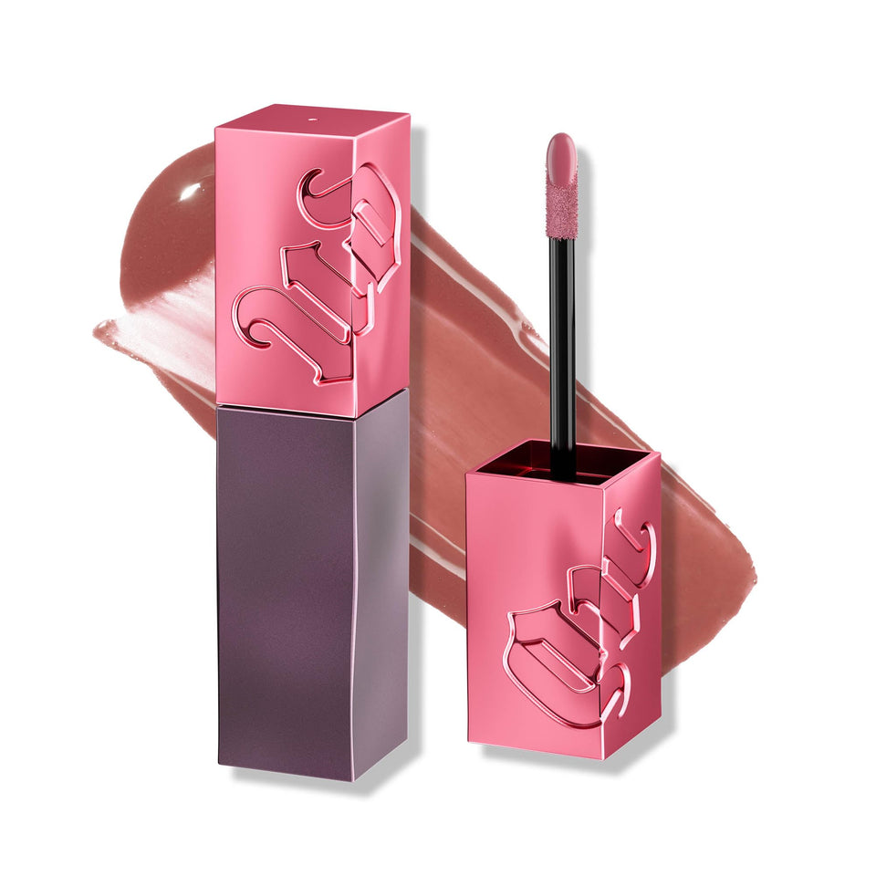 Urban Decay lip bond front view showing dusty rose bottle and glossy finish benefit