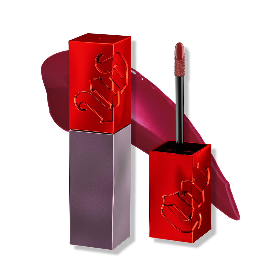 Urban Decay packaging front showing Raw Footage merlot red shade and glossy finish
