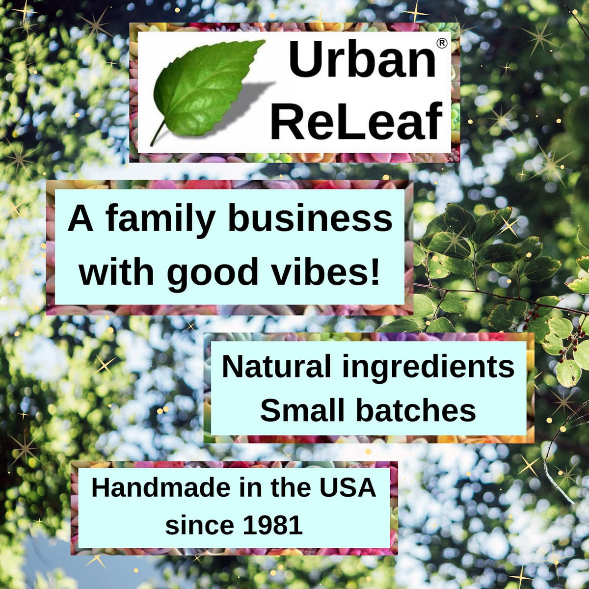 Urban ReLeaf lid label detail showing ingredient list and made-in-USA reassurance