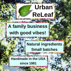 Urban ReLeaf lid label detail showing ingredient list and made-in-USA reassurance