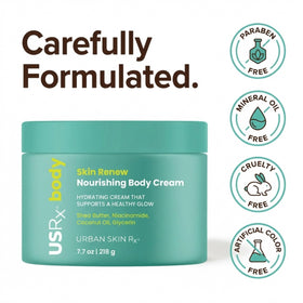 Urban Skin Rx ingredient highlights label listing shea butter, niacinamide, coconut for visible benefits