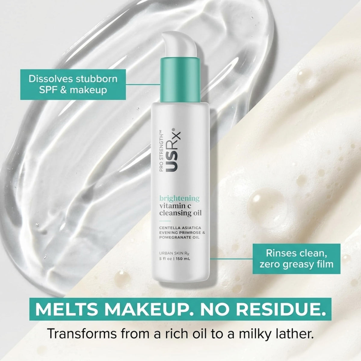 Urban Skin Rx oil transforming to milky lather texture, demonstrates easy emulsification
