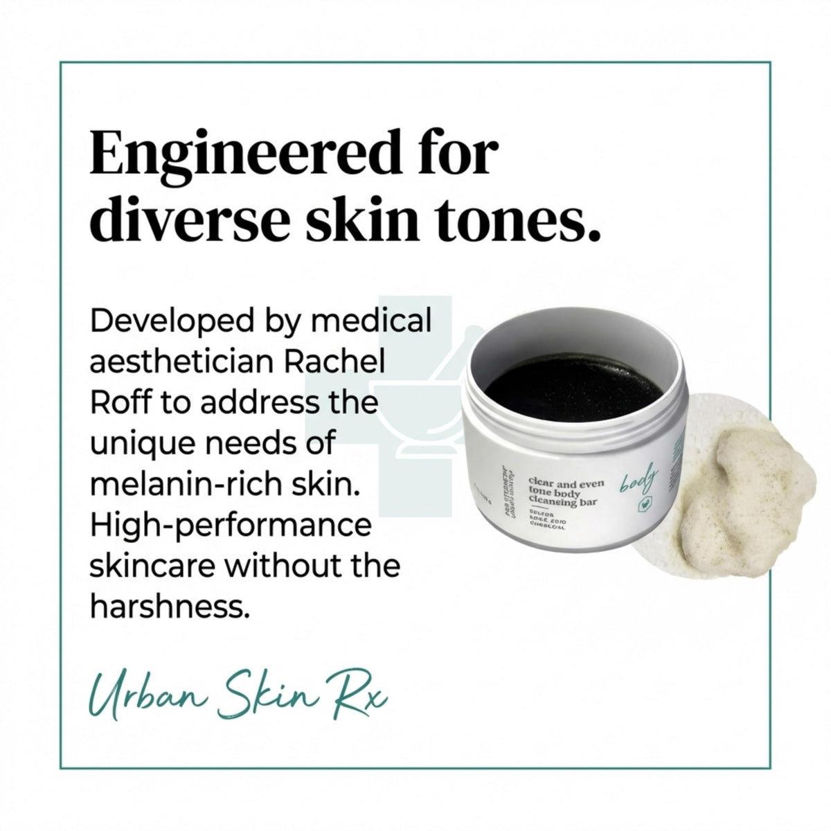 Urban Skin Rx bar and sponge on shower shelf illustrating daily body-care routine