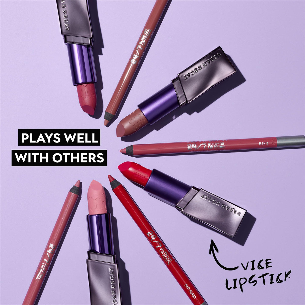 URBAN DECAY lifestyle flatlay with pencil in a makeup bag showing convenience and reliability
