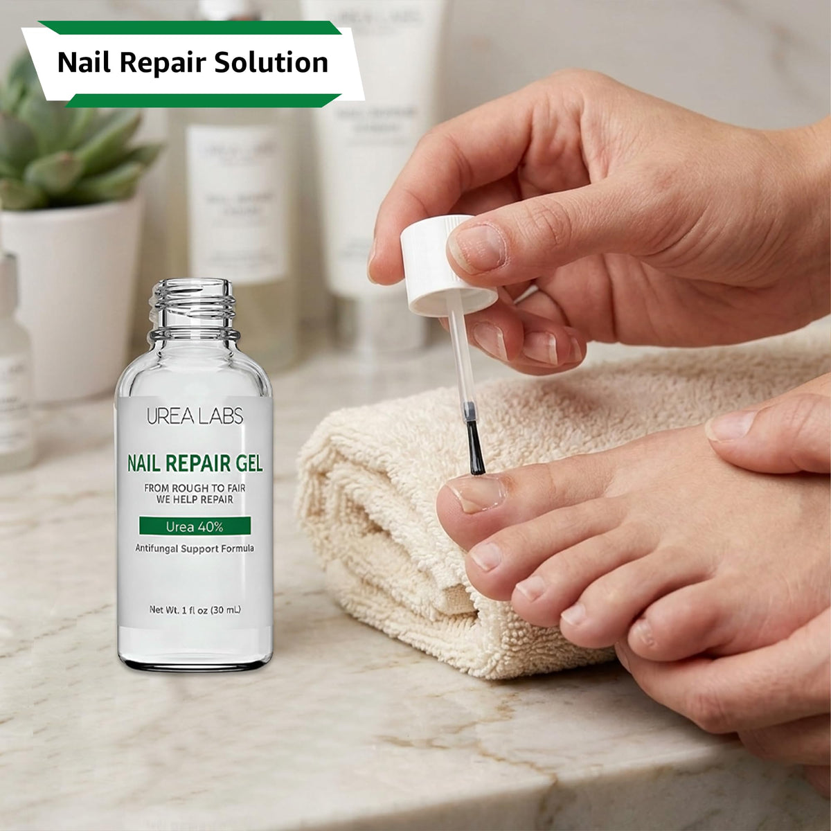 UREA LABS bottle on bathroom shelf in lifestyle setting promoting daily routine use