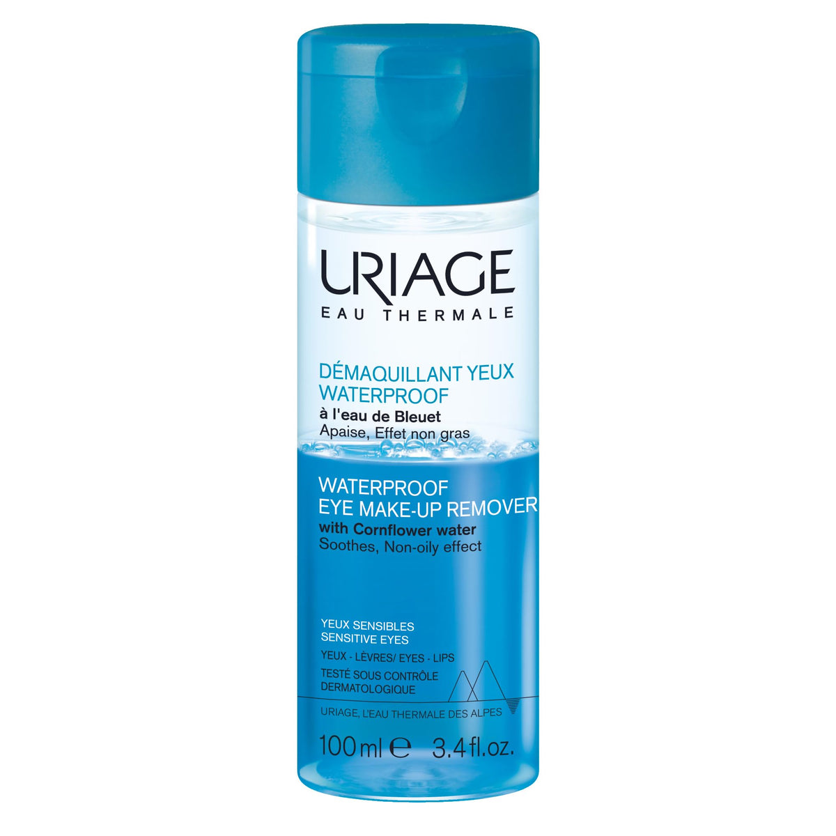 Uriage bottle front label showing product name and benefits for sensitive eyes