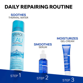Uriage bottle label detail emphasizing dermatologist-developed formula
