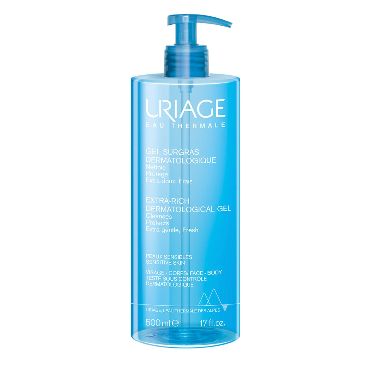 Uriage front packaging with pump showing product and gentle cleanser benefit