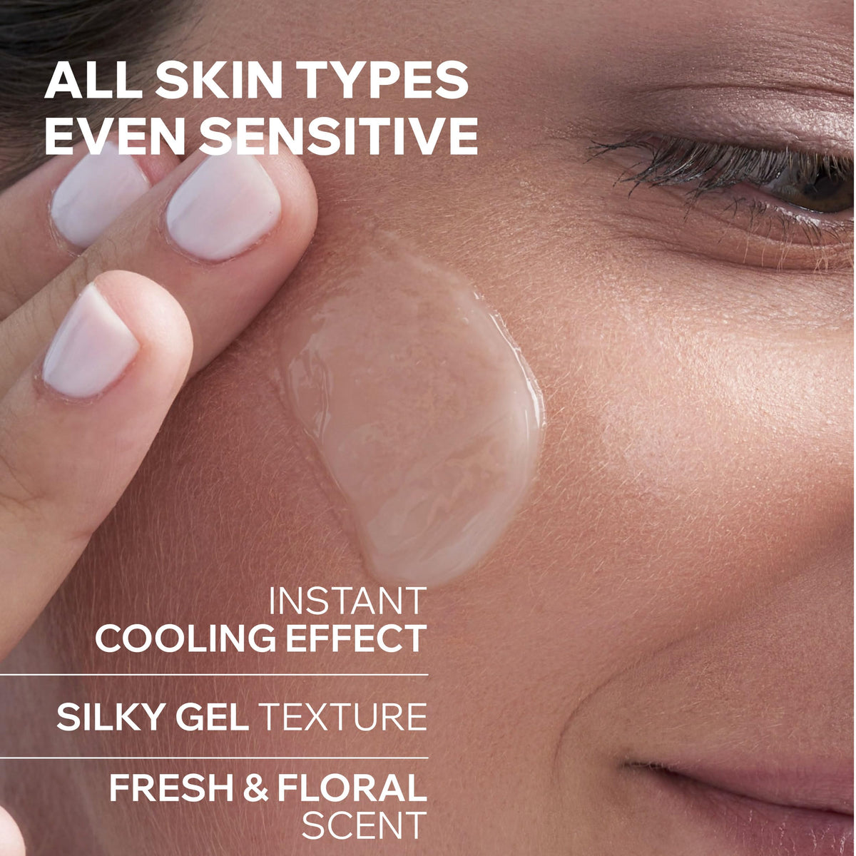 Uriage applying sleeping mask to cheek illustrating overnight hydration benefit