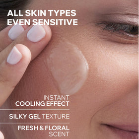 Uriage applying sleeping mask to cheek illustrating overnight hydration benefit
