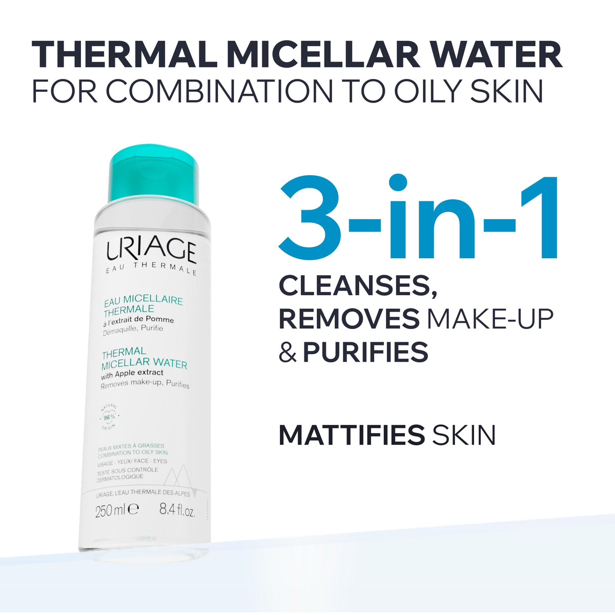 Uriage micellar water back label highlighting natural-origin ingredients and clarity benefit