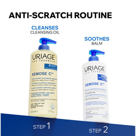 Uriage bottle on bathroom shelf with family using shower illustrating daily gentle care