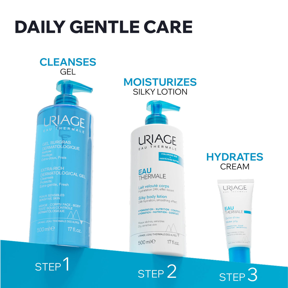 Uriage bottle in hand illustrating size and convenient pump benefit