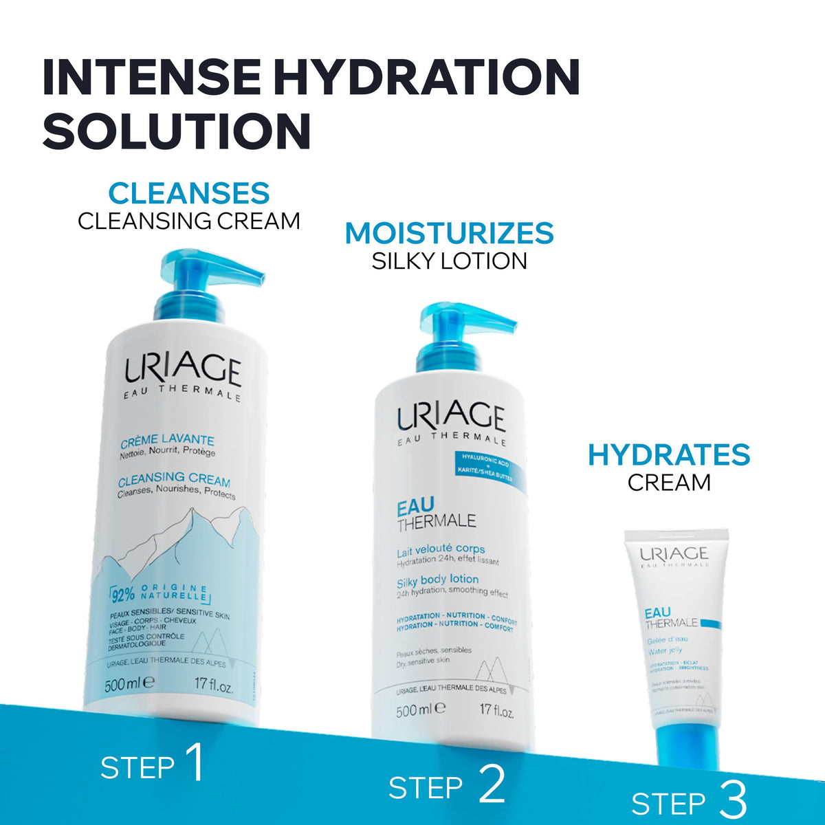 Uriage bottle in hand for size comparison and travel-friendly benefit