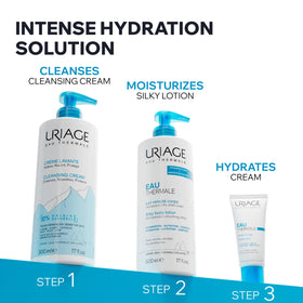 Uriage bottle in hand for size comparison and travel-friendly benefit