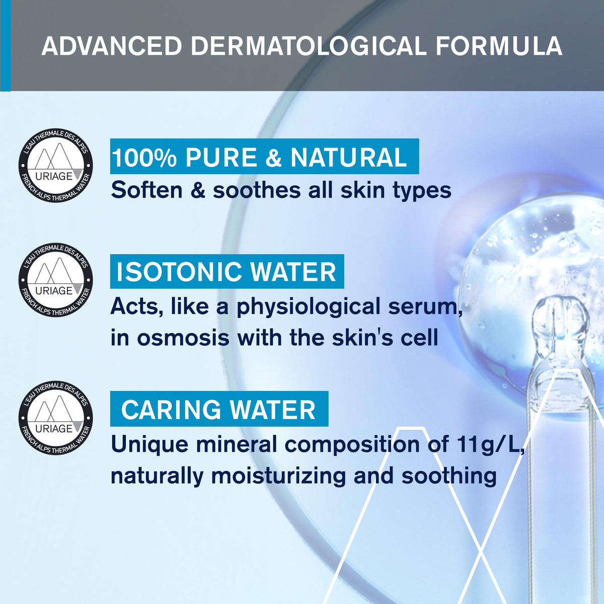 Uriage close-up droplet on skin showing mineral-rich hydration benefit