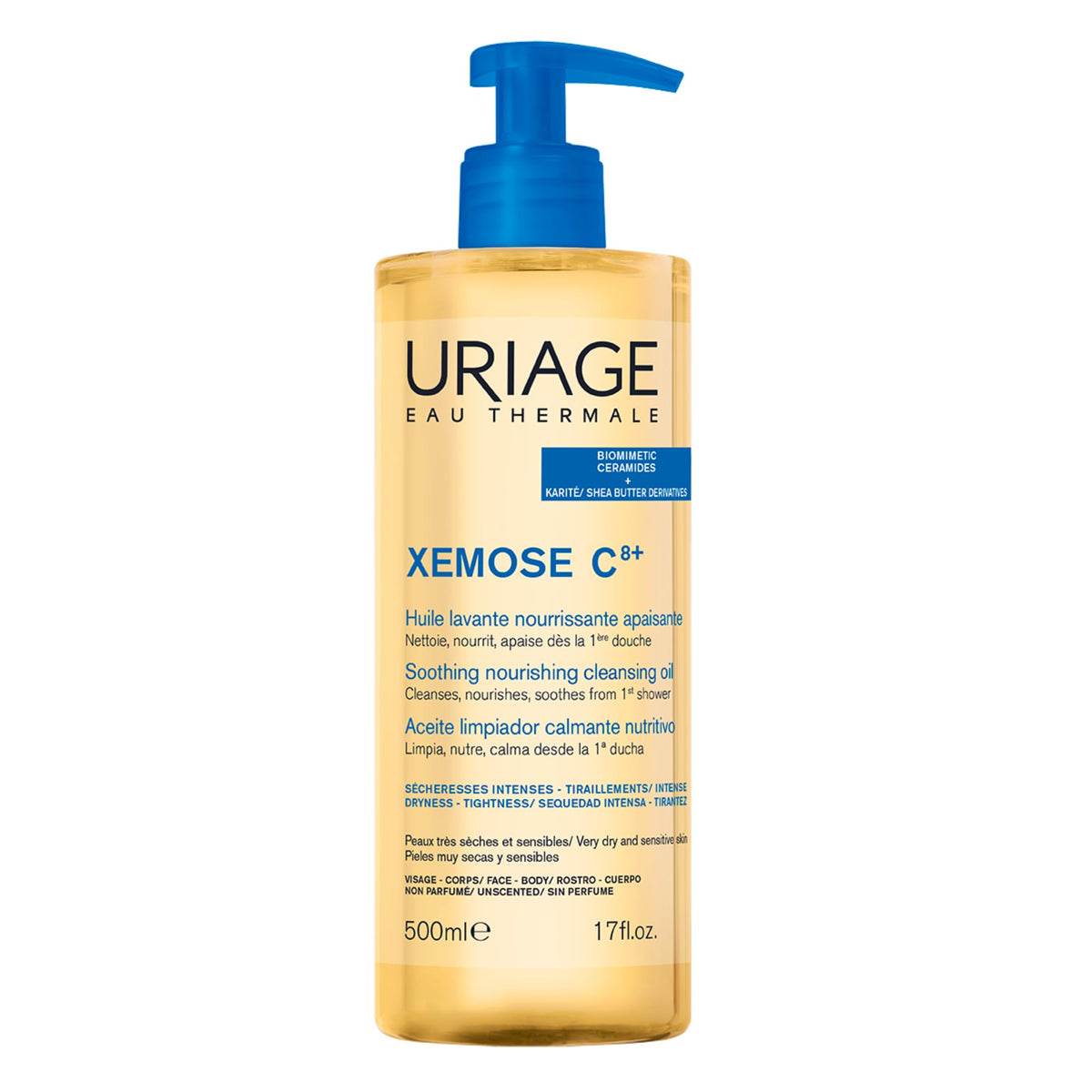 Uriage Xemose C8+ front pump 1L bottle showing packaging and pump for easy dispensing