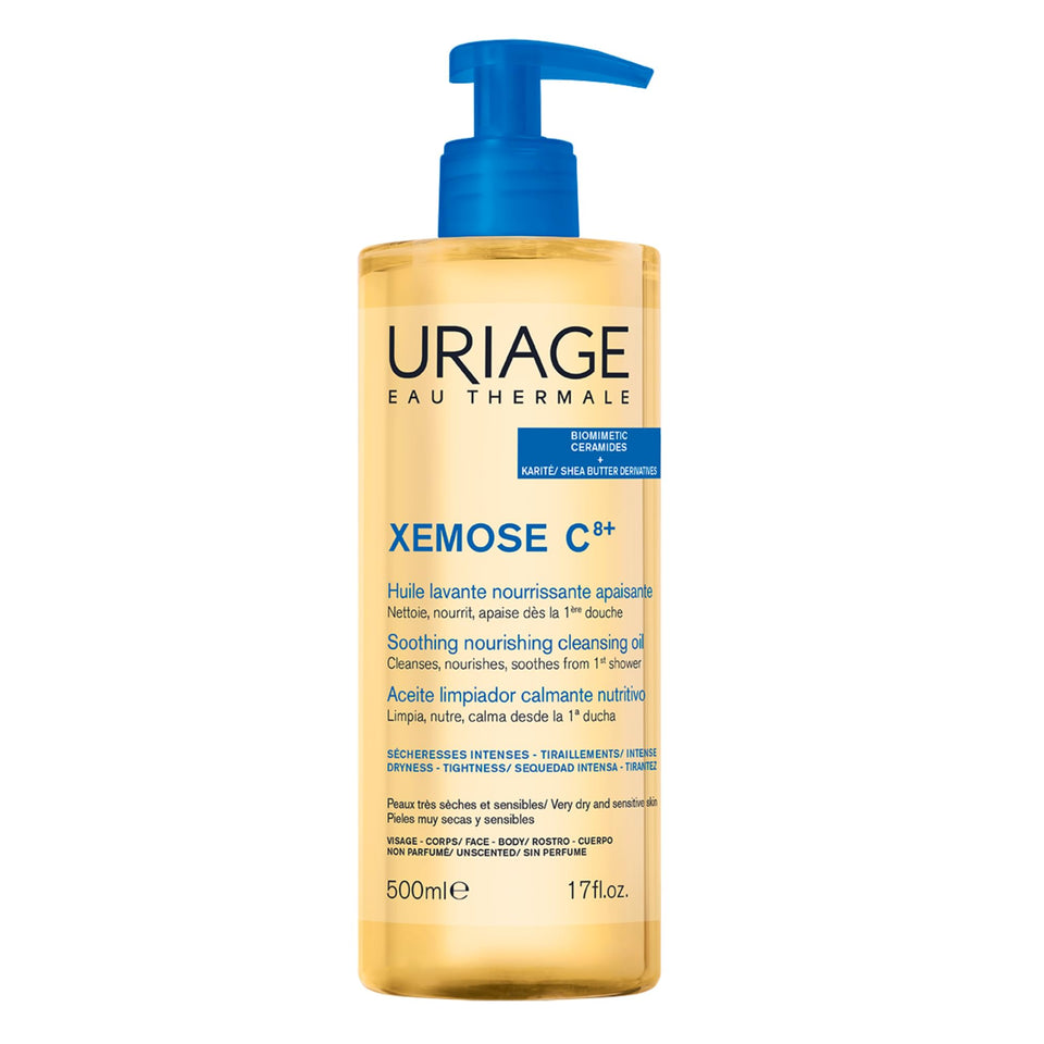 Uriage Xemose C8+ front pump 1L bottle showing packaging and pump for easy dispensing