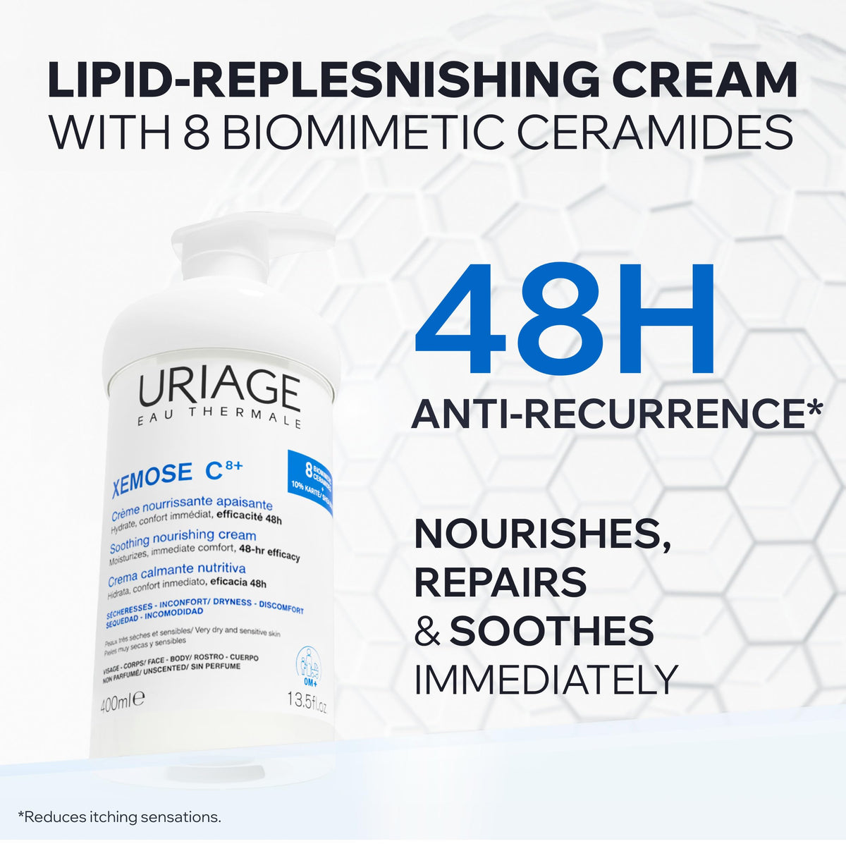 Uriage Xemose pump and tube detail emphasizing easy dosing and hygiene