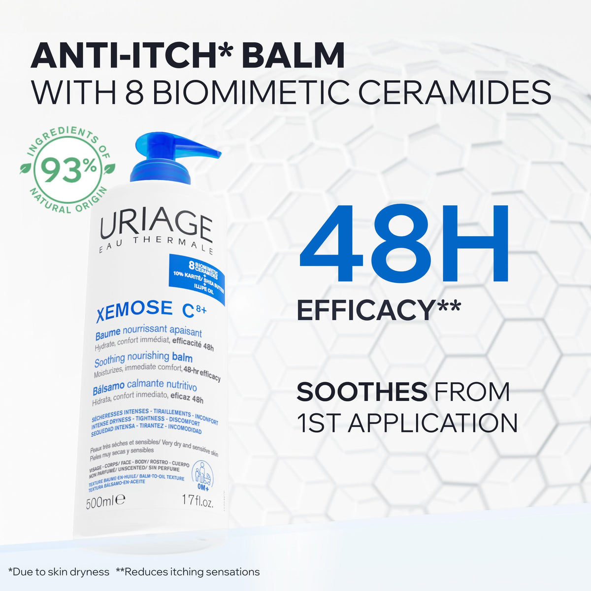 Uriage Xemose C8+ balm texture close-up demonstrating balm-to-oil absorption