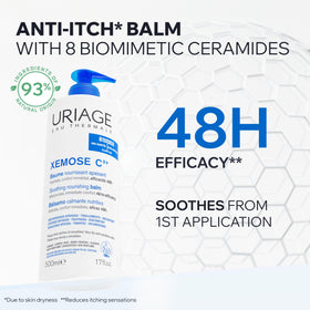 Uriage Xemose C8+ balm texture close-up demonstrating balm-to-oil absorption
