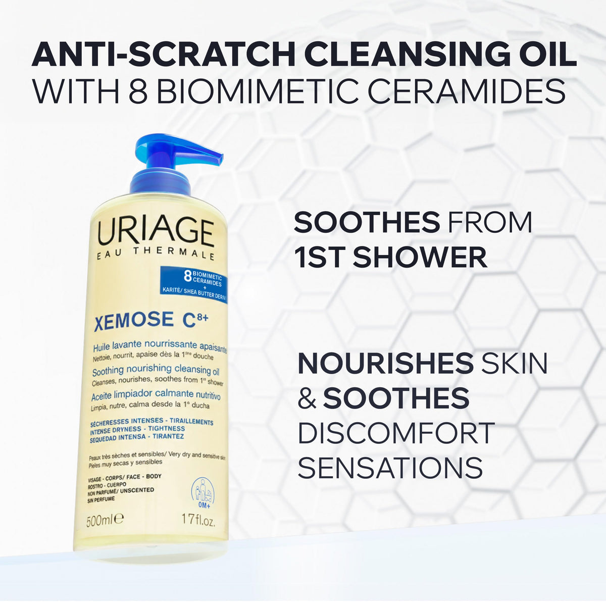 Uriage close-up of gel-in-oil texture highlighting gentle foam and hydrating finish benefit