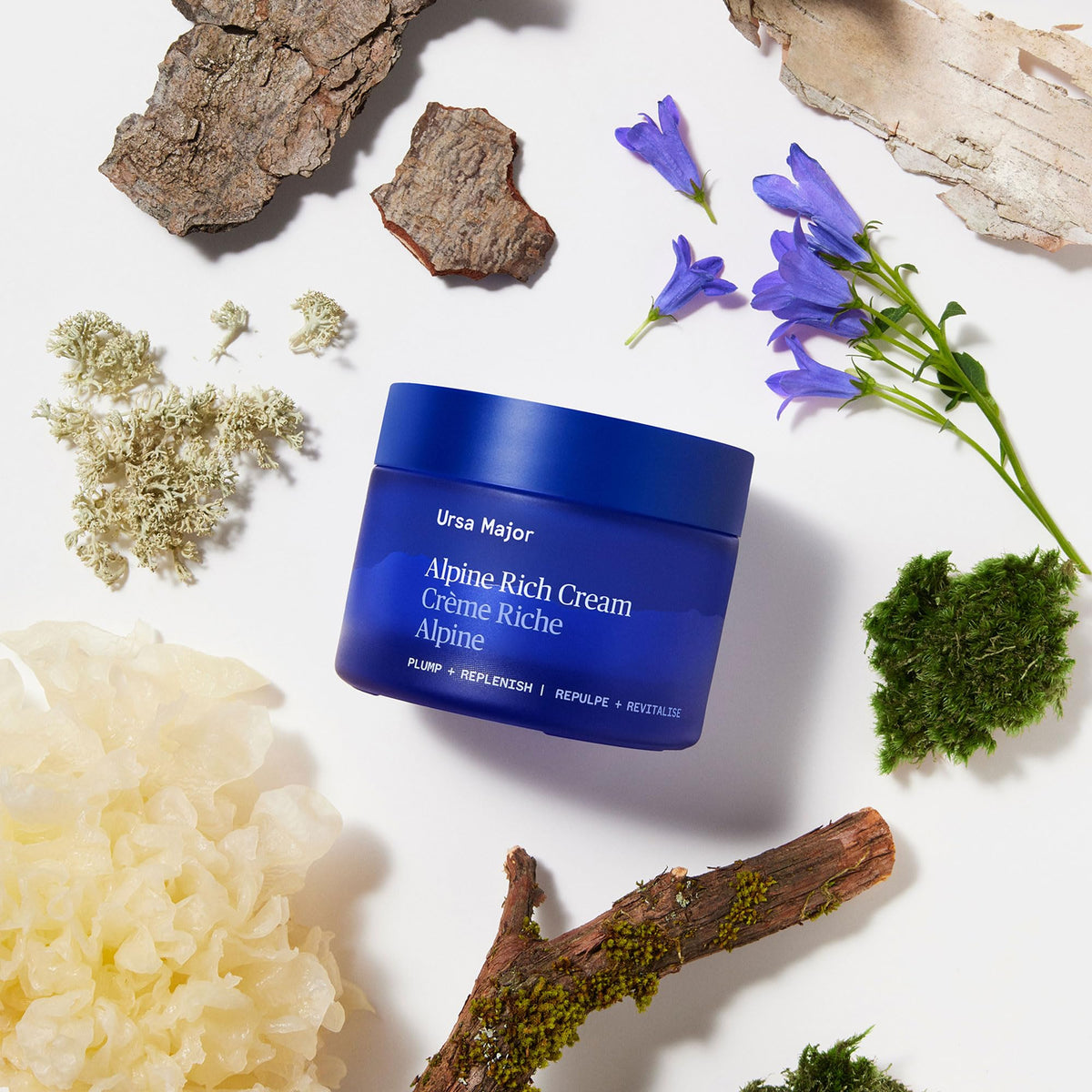 Ursa Major ingredient collage of Tremella, Cloudberry and Moss stem cells boosting hydration
