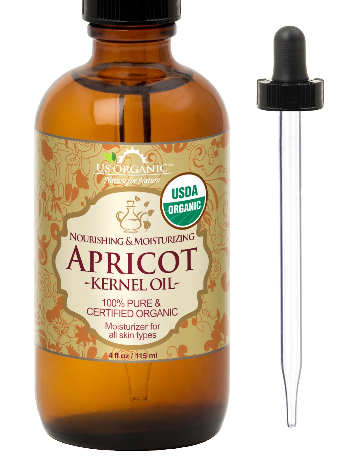 US Organic bottle front view showing pure apricot kernel oil benefits