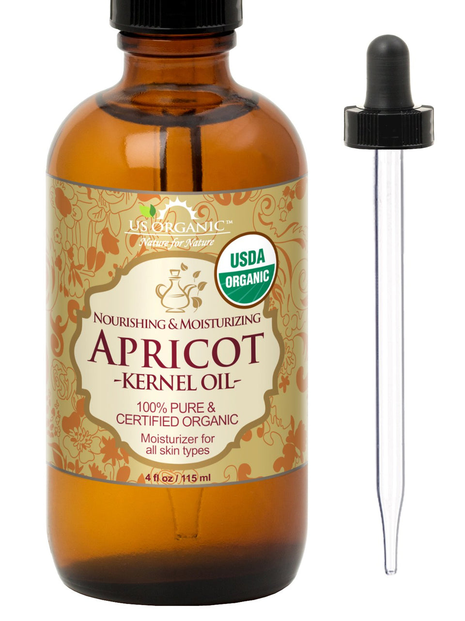 US Organic bottle front view showing pure apricot kernel oil benefits