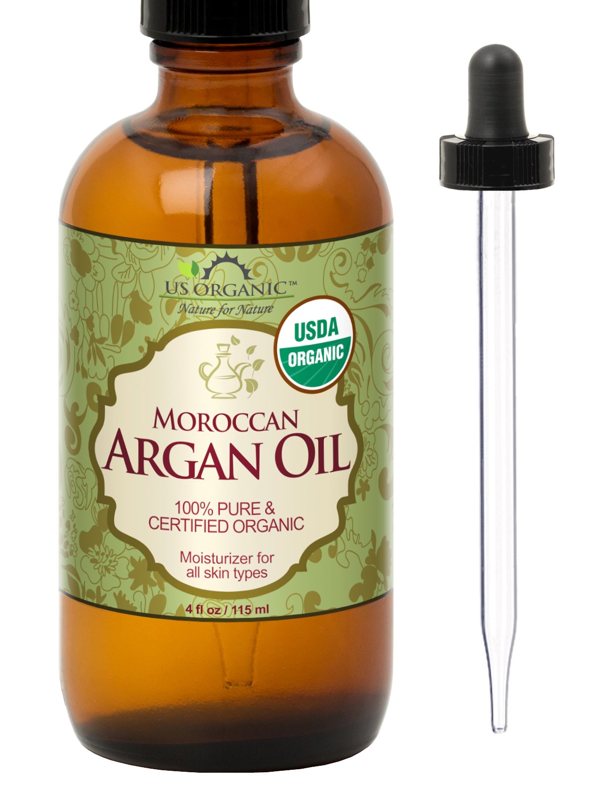 US Organic amber bottle front showing label and size, conveys purity benefit