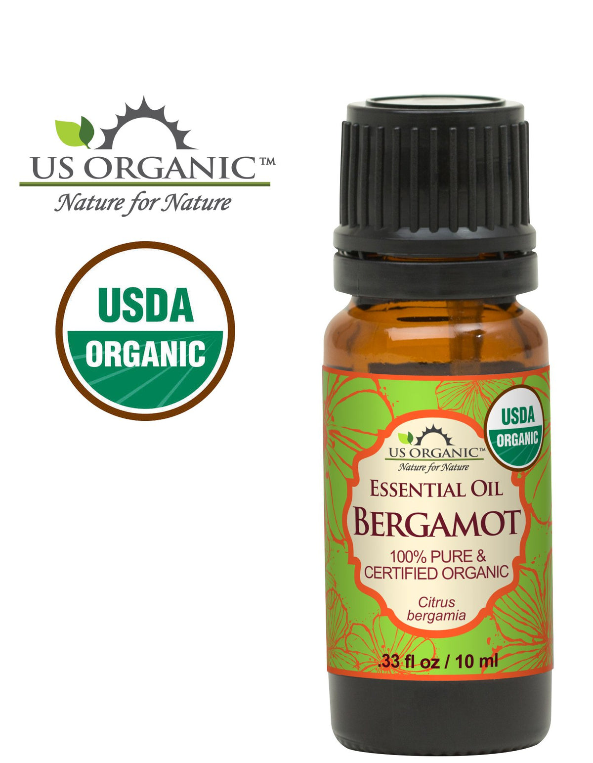 US Organic dark glass bottle protecting bergamot oil from light and preserving aroma