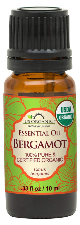 US Organic front packaging showing 10 ml bergamot oil and organic badge for trust