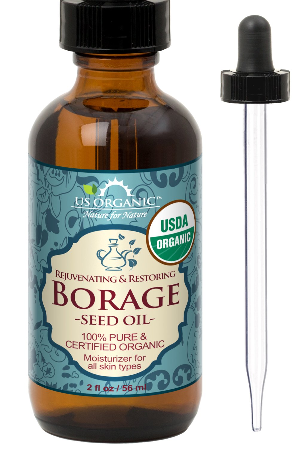 US Organic amber bottle front showing pure borage oil and organic label benefit