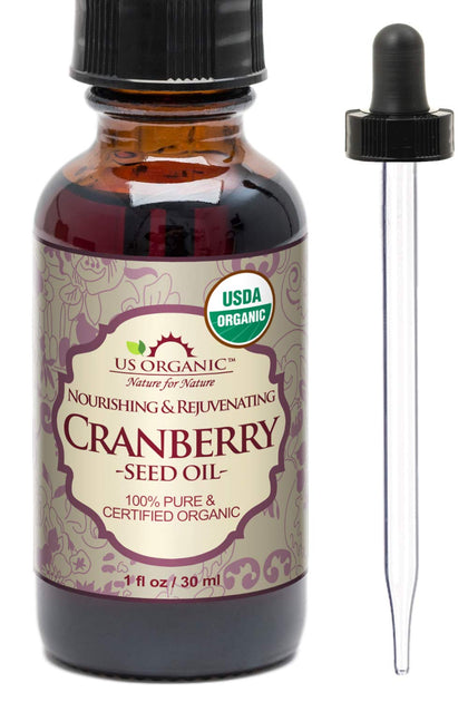 US Organic cranberry seed oil front bottle showing amber glass for light protection and purity