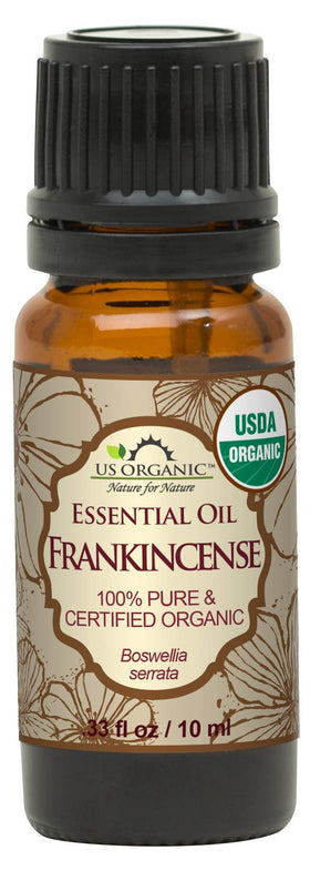 US Organic front packaging showing certified organic frankincense and benefits