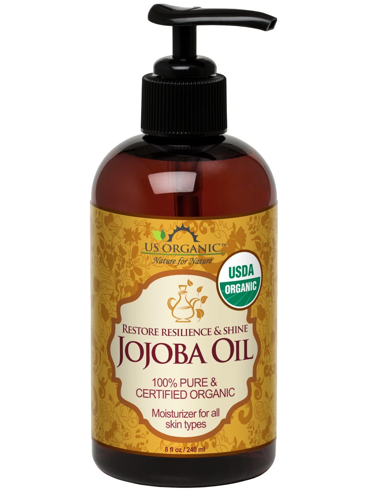 US Organic front label of 8oz jojoba oil showing purity and size benefit