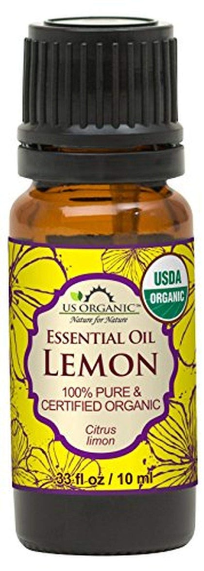 US Organic lemon oil front packaging showing bottle and label benefit freshness
