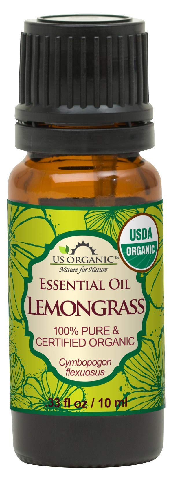 US Organic front packaging 10 ml bottle showing pure lemongrass oil benefit freshness