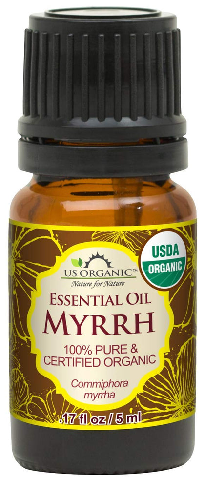 US Organic front packaging showing 5 ml myrrh essential oil and USDA organic badge