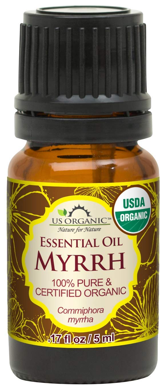 US Organic front packaging showing 5 ml myrrh essential oil and USDA organic badge